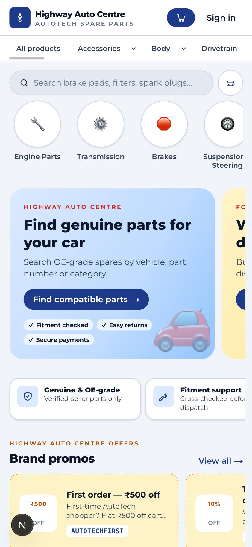 Highway Auto Centre B2C home — mobile view